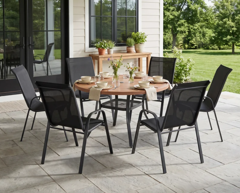 6-Person Round Patio Dining Set With Stackable Textilene Chairs